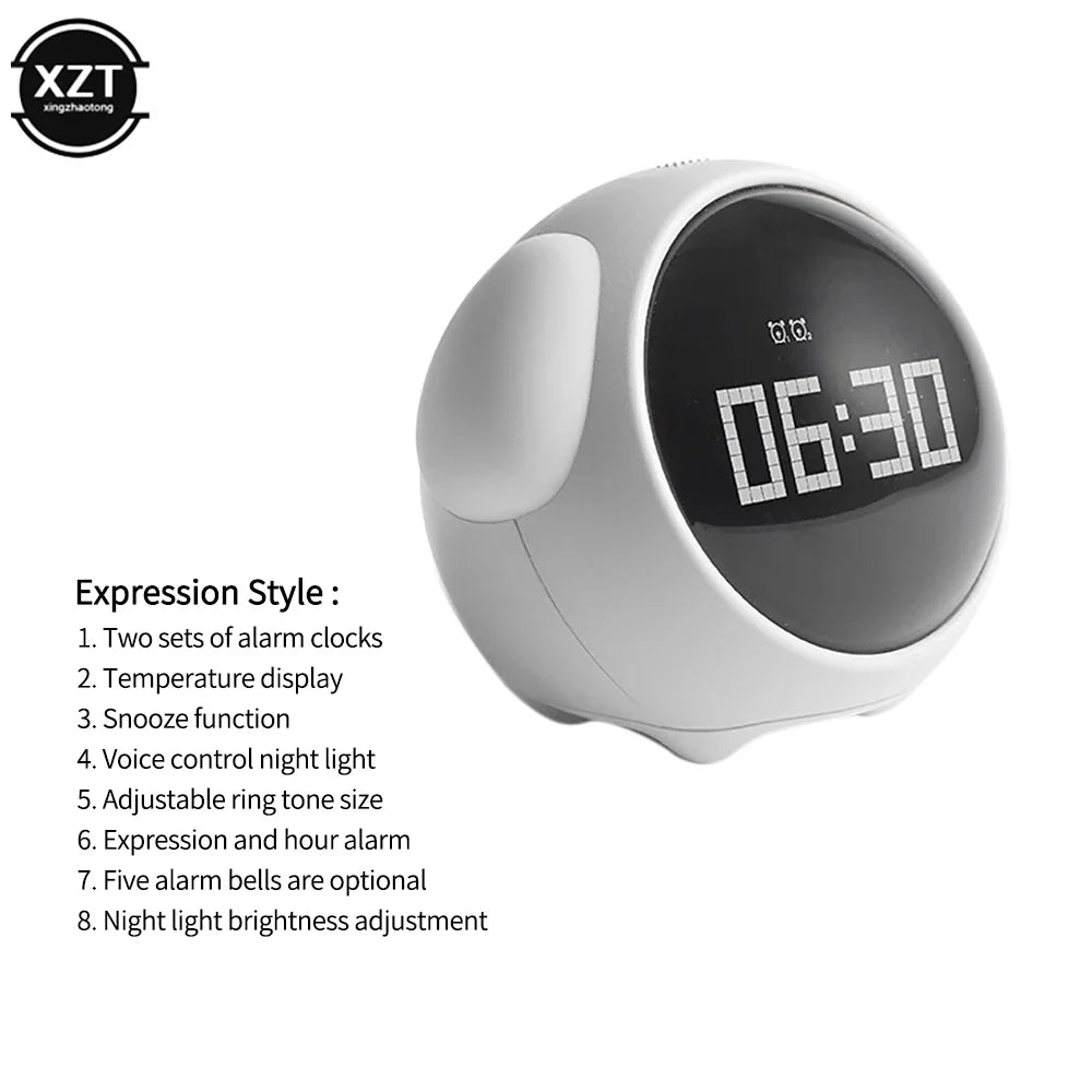 2022 New Cute Expression Alarm Clock Child Multifunctional Bedside Voice Control Night Light Snooze Chargeable Child Alarm Clock