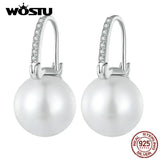 WOSTU Real 925 Sterling Silver European Simple U style Big Shell Pearl Hoop Earrings Women Drop Earring Party Accessories Gift