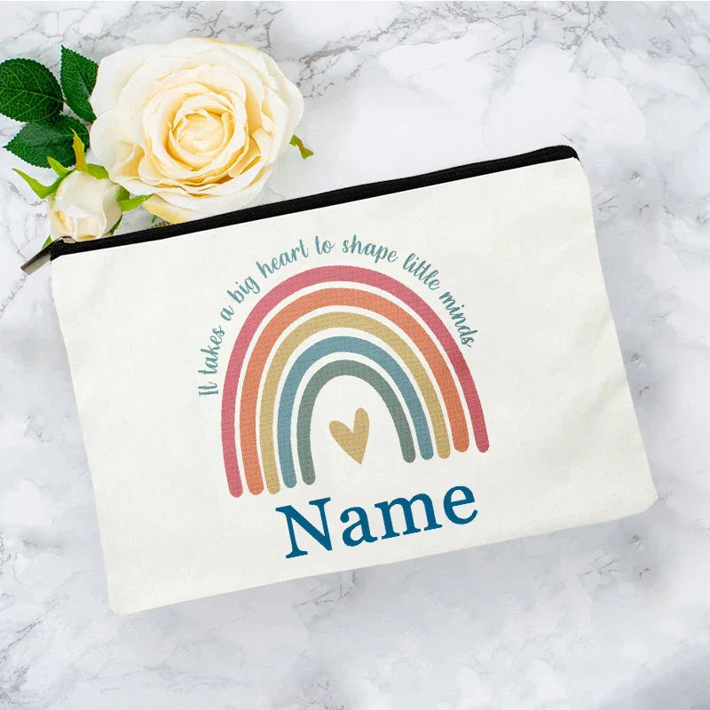 White Personalized Name Bag woman rainbow print Makeup Bag Storage Pouch Toiletries storage Cosmetic Pocket Gift for teachers