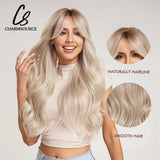 CharmSource Blonde Wavy Wig with Bangs Party Dresses for Women Natural Synthetic Hair Daily Cosplay Heat Resistant Fiber Wig