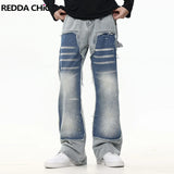 REDDACHIC Two Tone Patchwork Baggy Jeans Men Hiphop Splash Ink Brushed Blue Wash Loose Fit Casual Wide Leg Pants Y2k Streetwear