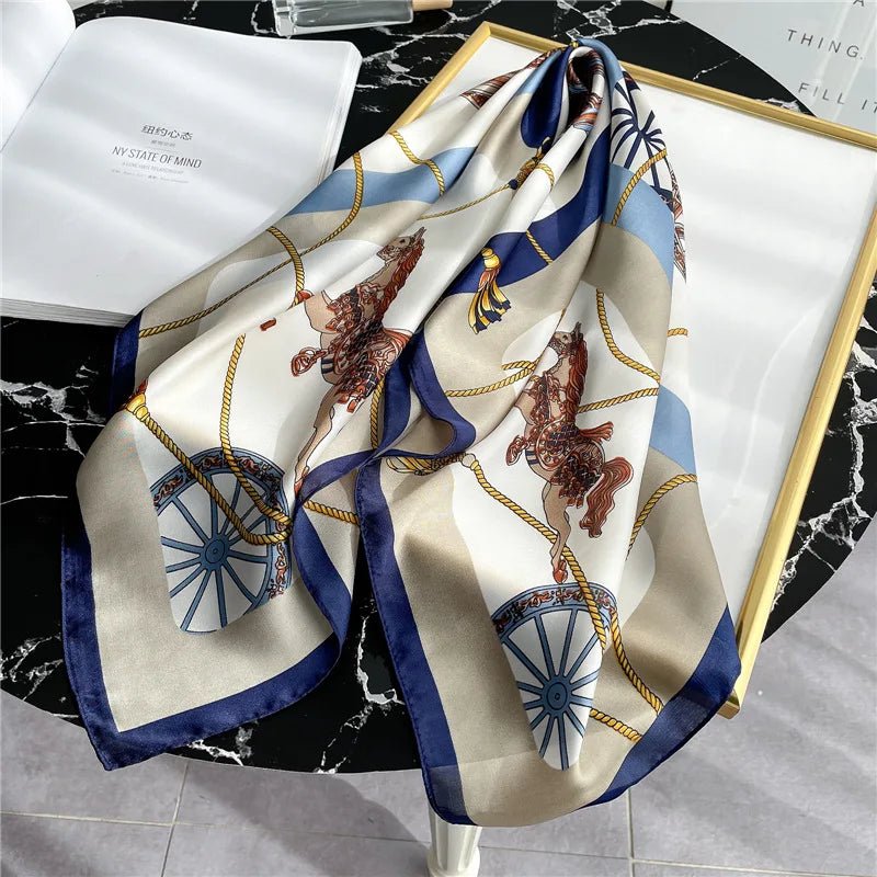 Luxury Brand Women Scarf Summer 70cm Silk Scarves Shawls Lady Sunscreen Beach Shawl Horse Print Square Scarves Muslim Headscarf