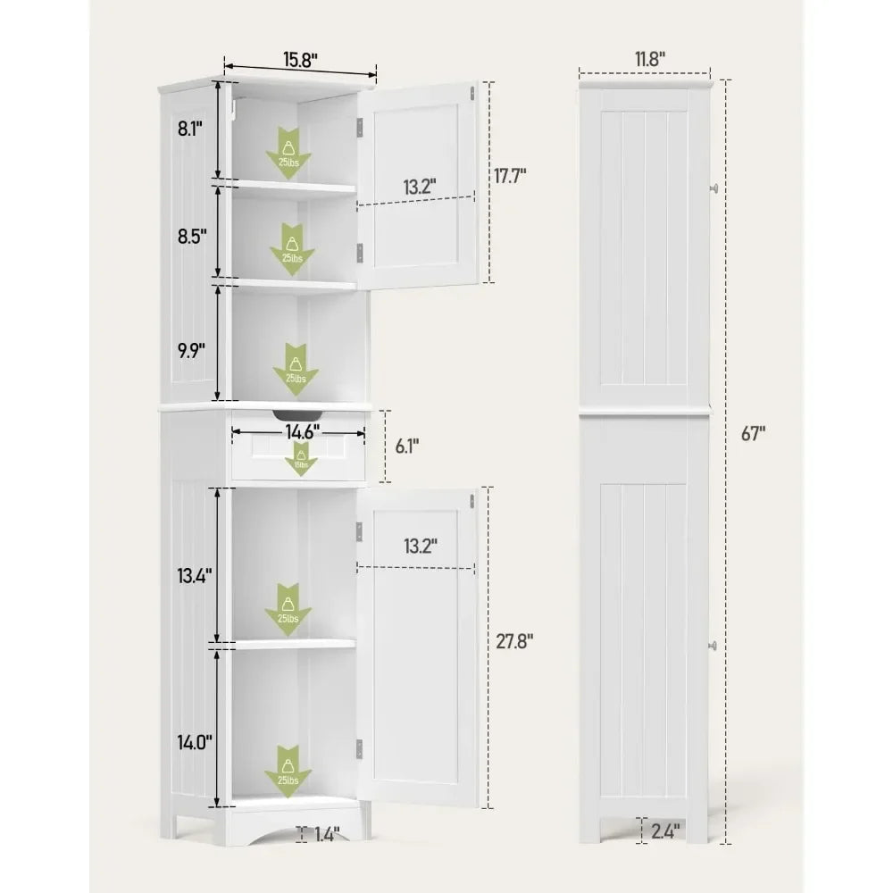 Tall Bathroom Storage Cabinet W/ 2 Doors & 1 Drawer, Adjustable Shelves, Anti-Tipping,White, 67" H Tall Bathroom Storage Cabinet