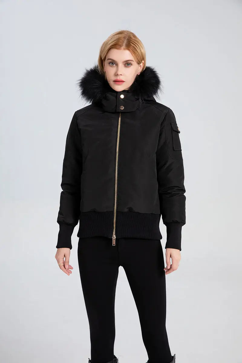 AS 2023 winter fashion woman bomber coat filled down Adult jacket with nature fur metal gold zipper