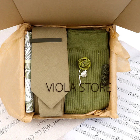 Viola Design 6PCS Gift Box Floral Solid Cotton Sock Tie Sets Clip Pin Cufflinks Hankie Men Wedding Party Daily Cravat Accessory