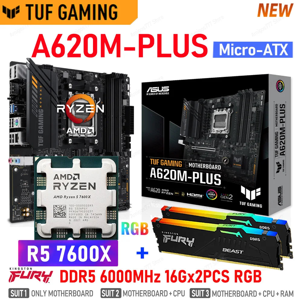 AMD AM5 R5 7600X CPU + ASUS TUF GAMING A620M PLUS Mainboard Suit RAM Kingston DDR5 Memory 6000MHz 32GB Gamer DIY Ryzen Kit New