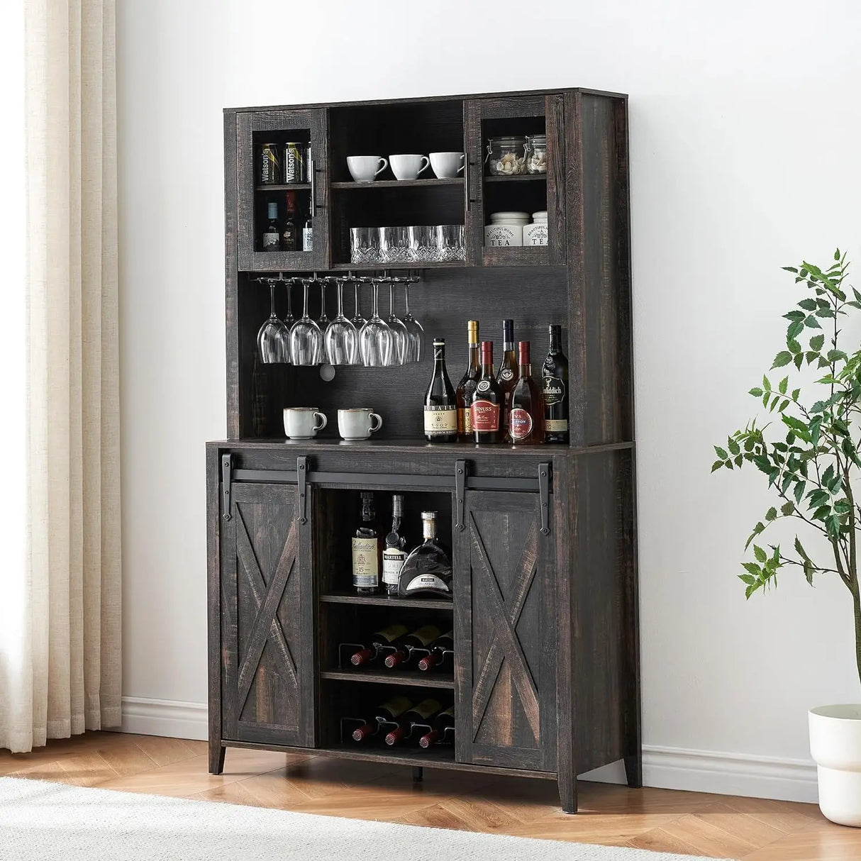 Bar Cabinet with Sliding Door, with Storage Shelves, with Wine and Glasses Rack, Sideboard Cupboard for Kitchen, Dining Room