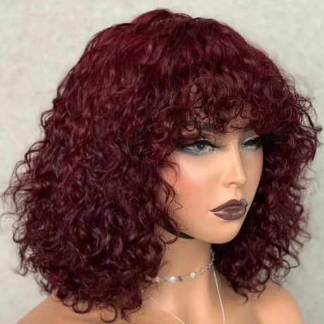 Brown color Short Pixie Curly Bob Cut Human Hair Wigs With Bangs Weat to go Jerry Curly Wig Highlight Colored Wigs For Women