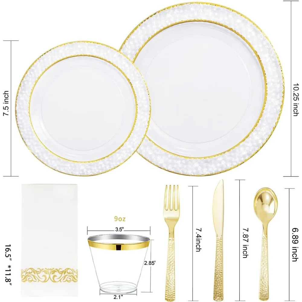 350PCS Gold Disposable Dinnerware Set, 50 Dinner Plates, Salad Plates, Guests Silverware Set, Cups, 50 Napkins