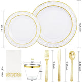 350PCS Gold Disposable Dinnerware Set, 50 Dinner Plates, Salad Plates, Guests Silverware Set, Cups, 50 Napkins