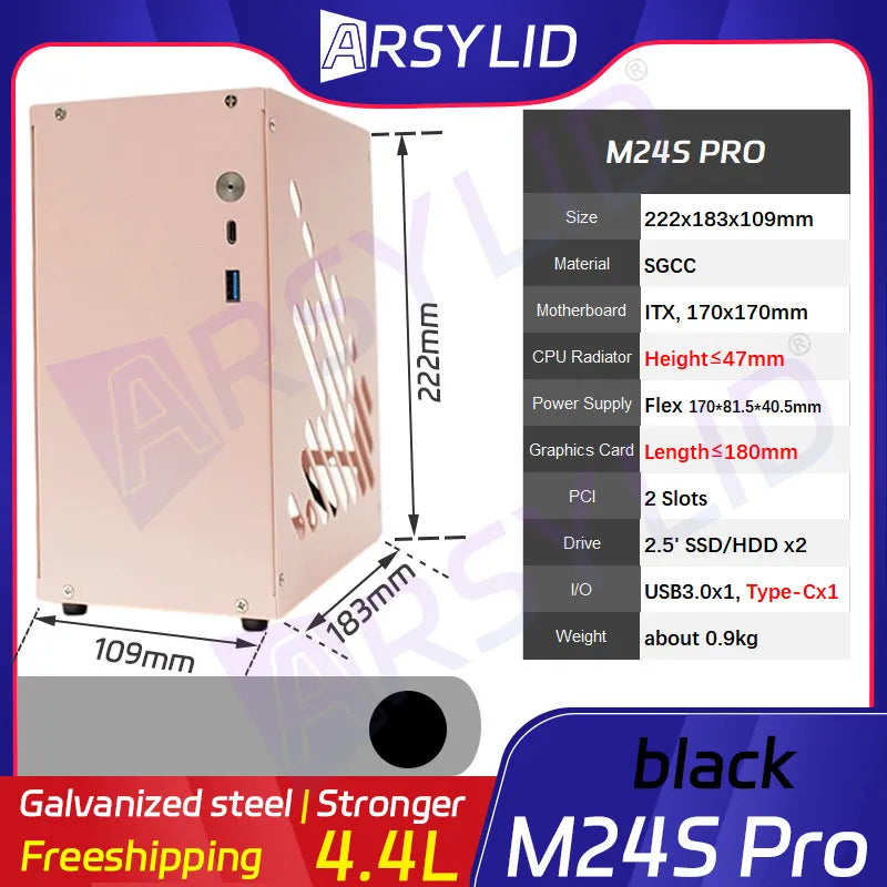 4.4L M24 Mini ITX A4 Chassis 180mm Graphics Card Computer Case 47mm CPU Radiator Flex PSU HTPC