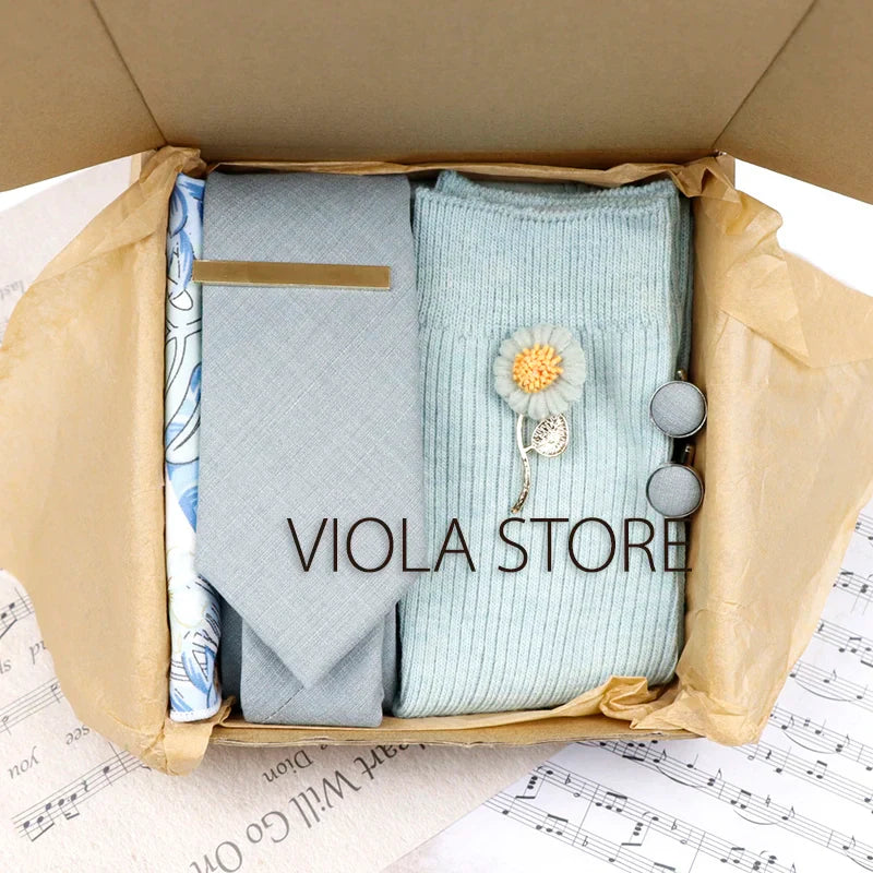 Viola Design 6PCS Gift Box Floral Solid Cotton Sock Tie Sets Clip Pin Cufflinks Hankie Men Wedding Party Daily Cravat Accessory