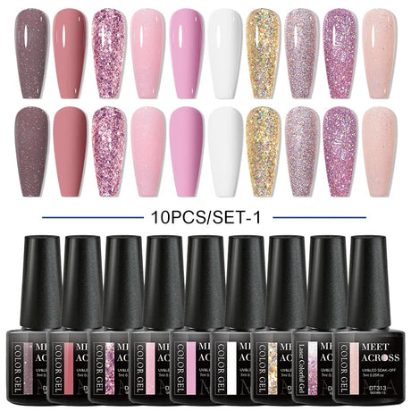 10Pcs Nude Glitter Gel Nail Polish Set Purple Pink Reflective Glitter Semi Permanent Varnishes Soak Off UV LED Nail Art Gel Kits