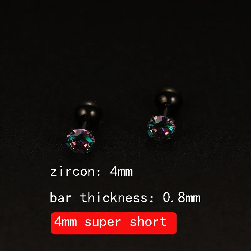 2PCS 4mm Short Ear Studs Earring Outside Upper Helix Earrings Titanium Steel CZ Crystal 3mm 4mm 5mm Mix Colors 0.8mm 20G Screw