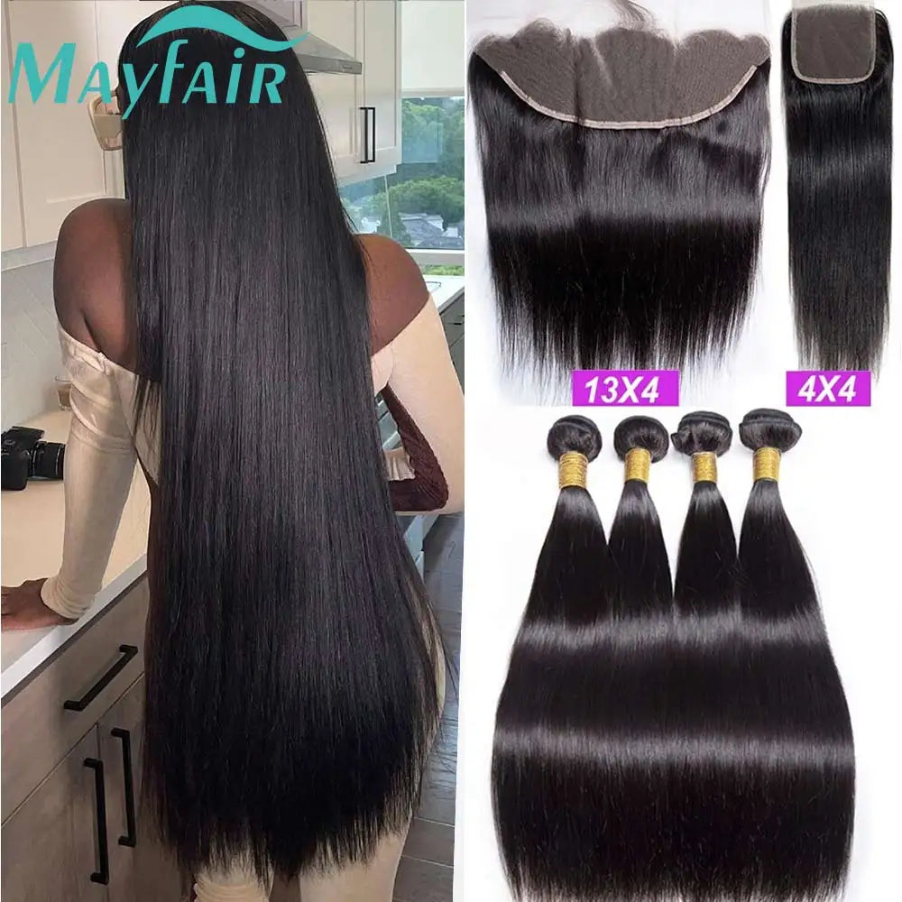 4X4 Lace Closure And 30 32 Inch Human Hair Bundle With 13x4 Lace Frontal Straight Brazilian Weave 3 Bundles With Closure Mayfair