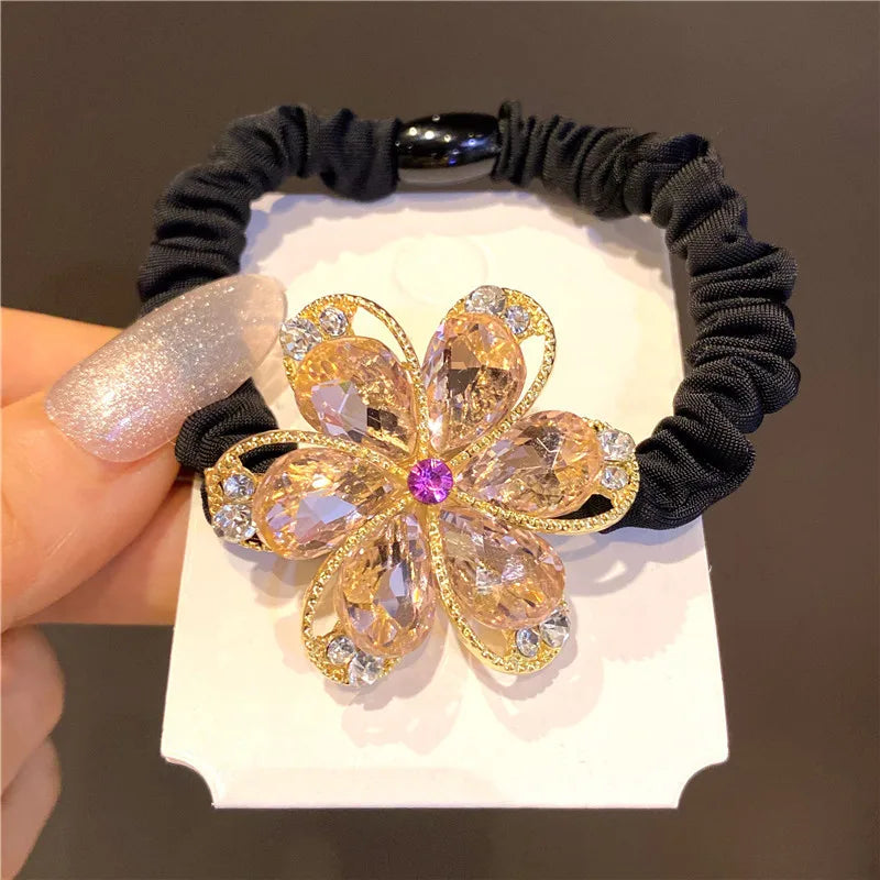 Cute Girls Elastic Hair Band Square Elegant Rhinestone Shiny Crystal Gem Hair Accessories Scrunchies Pearl Hair Ties Wholesale