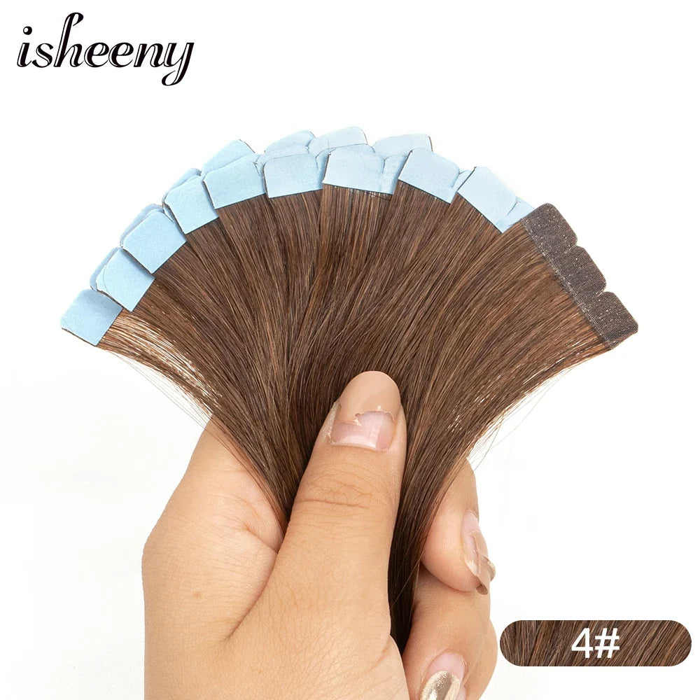 Isheeny Mini Tape Hair Extensions 12"-24" Machine Remy Skin Weft Adhesive Tape In Human Hair Natural Black Brown Blonde Tape On