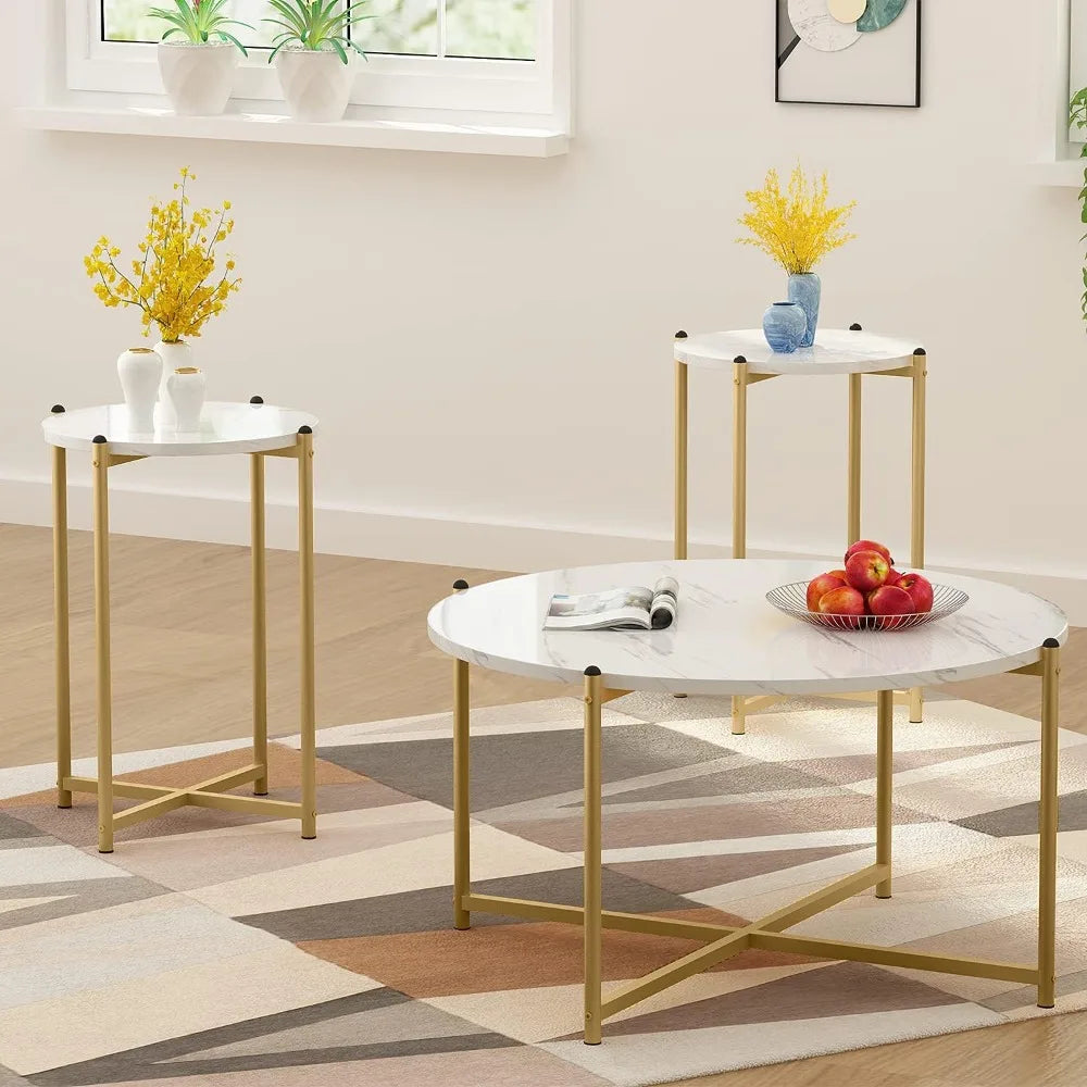 Coffee Table Set of 3, Modern Round Coffee Table & 2pcs End Table Faux Marble Tabletop with Gold Cross Base Frame, Modern