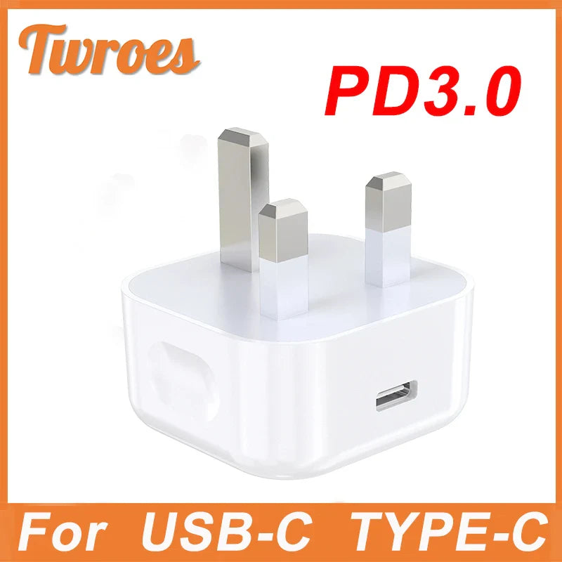 PD 20W UK Plug Fast Charger Usb C Adapter For Iphone14 13 12  Pro Ipad Xiaomi 12 Samsung Mobile Phones 3 Pin