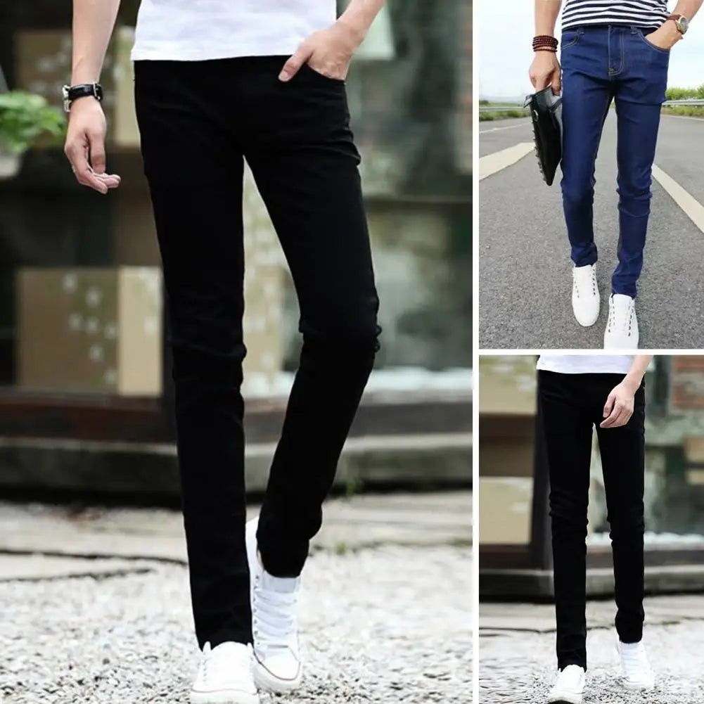 Mid-rise Zipper Fly Multi Pockets Men Jeans Spring Autumn Slim Fit Straight Denim Pants Streetwear Pantalon Homme Ripped Skinny