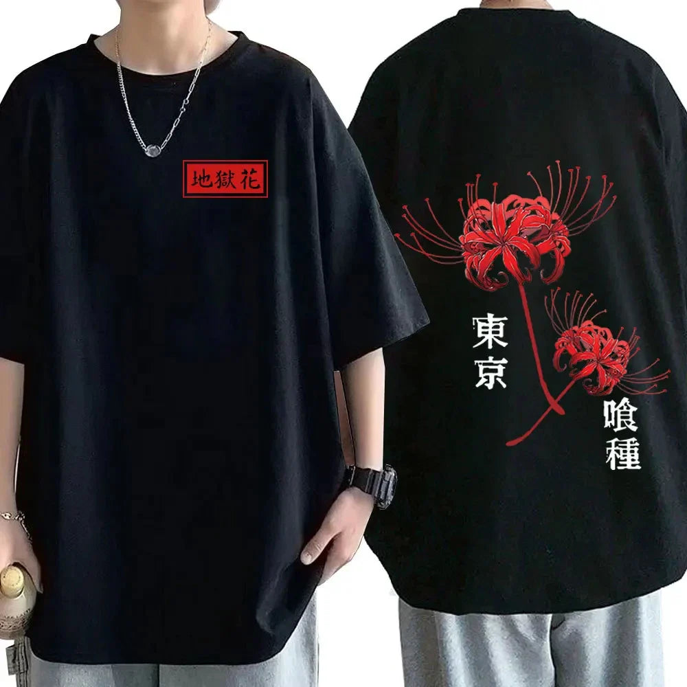 Anime Tokyo Ghoul Spider Lily T-shirt Men Women Cool Kane kiken Graphic Print T-shirts Oversized Streetwear Couples Tees