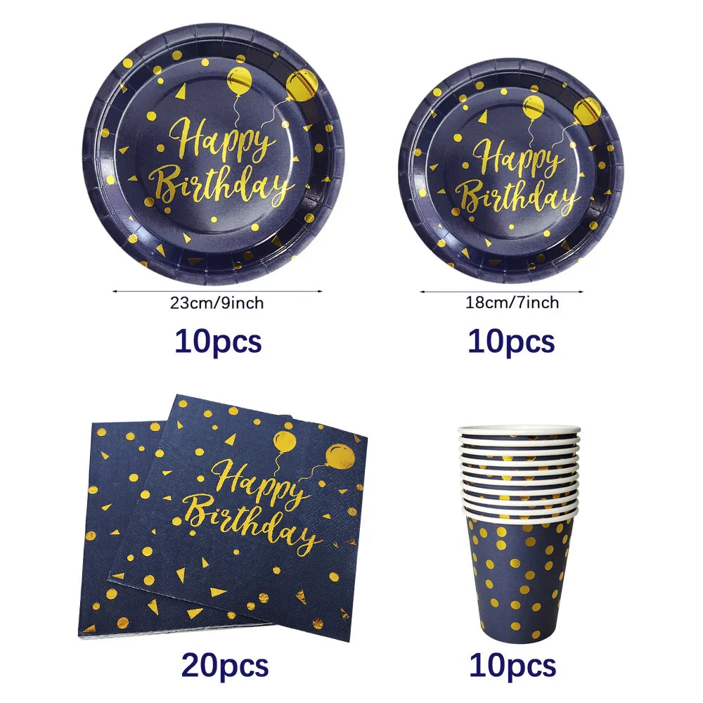 Dark Blue Gold Dot Disposable Tableware Set Paper Plates Cups Napkins Straw for Birthday Party Decoration Supplies Table Decor