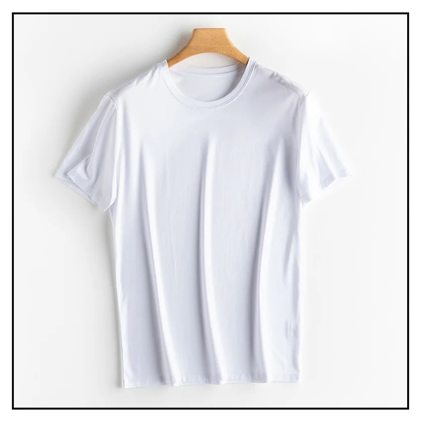 SuyaDream Mens Solid Tee Cotton Silk Blend Plain O neck Short Sleeved Cozy T Shirts 2022 Summer Simple Chic Top White Black