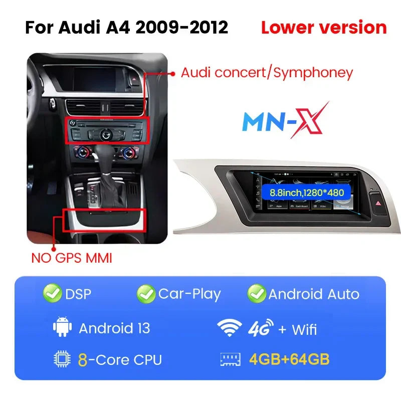 Android 13 CarPlay Auto Radio Intelligent System for Audi A4 B8 A5 2009 2010 - 2016 Car Multimedia Player Stereo GPS Navi Screen