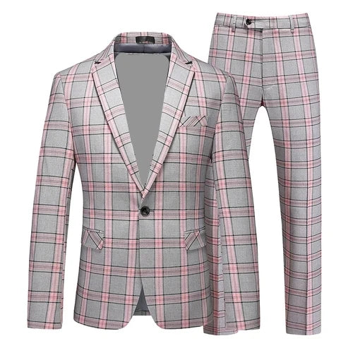 Red Striped Plaid Suit 2 Piece Men's Wedding Party Dress Set Stylish Slim Fit Jacket with Pants Gray Purple Blazer and Trousers