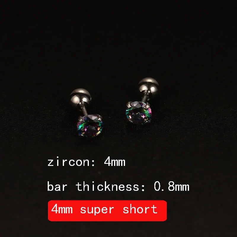 2PCS 4mm Short Ear Studs Earring Outside Upper Helix Earrings Titanium Steel CZ Crystal 3mm 4mm 5mm Mix Colors 0.8mm 20G Screw