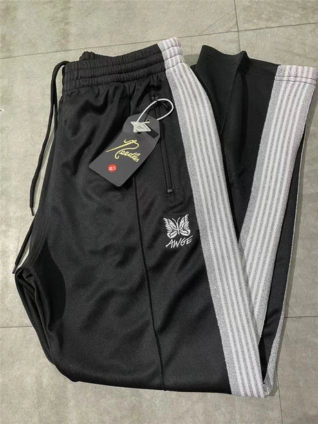 New style  Purple Stripe Needles Sweatpants Men Women White Embroidered Butterfly Awge Needles Drawstring Track Pants