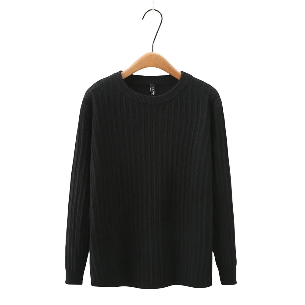 2023 Fall Winter 100kg Simple O-Neck Jacquard Knit Sweater Plus Size Women's Casual Striped Pullover Jumpers