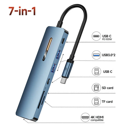 Toocki USB 3.0 HUB Type C To HDMI-Compatible 4K 30Hz 7 in 1 Docking Station PD100W Adapter For Macbook Air Pro iPad Pro Laptop