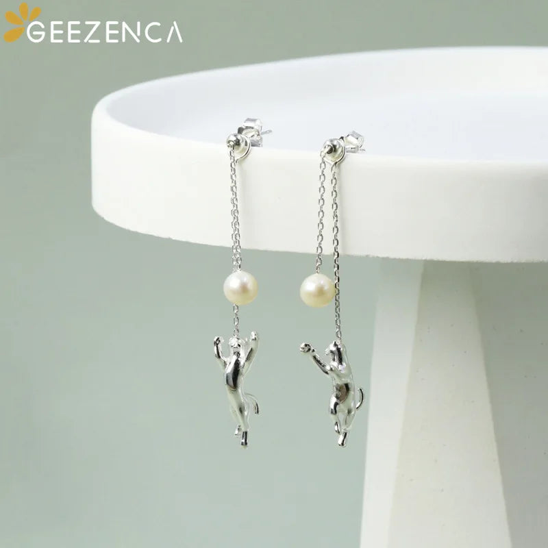 GEEZENCA 925 Sterling Silver Gold Plated Cat With Pearl Dangle Earrings For Women Cute Kitten Playing Ball Long Tassel Earring