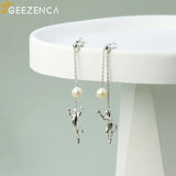 GEEZENCA 925 Sterling Silver Gold Plated Cat With Pearl Dangle Earrings For Women Cute Kitten Playing Ball Long Tassel Earring