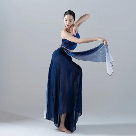 Starry Sky Blue Gradient Chiffon Dance Suit Women Large Skirt Modern Dance Classical Dance Ballet Stage Performance Clothing