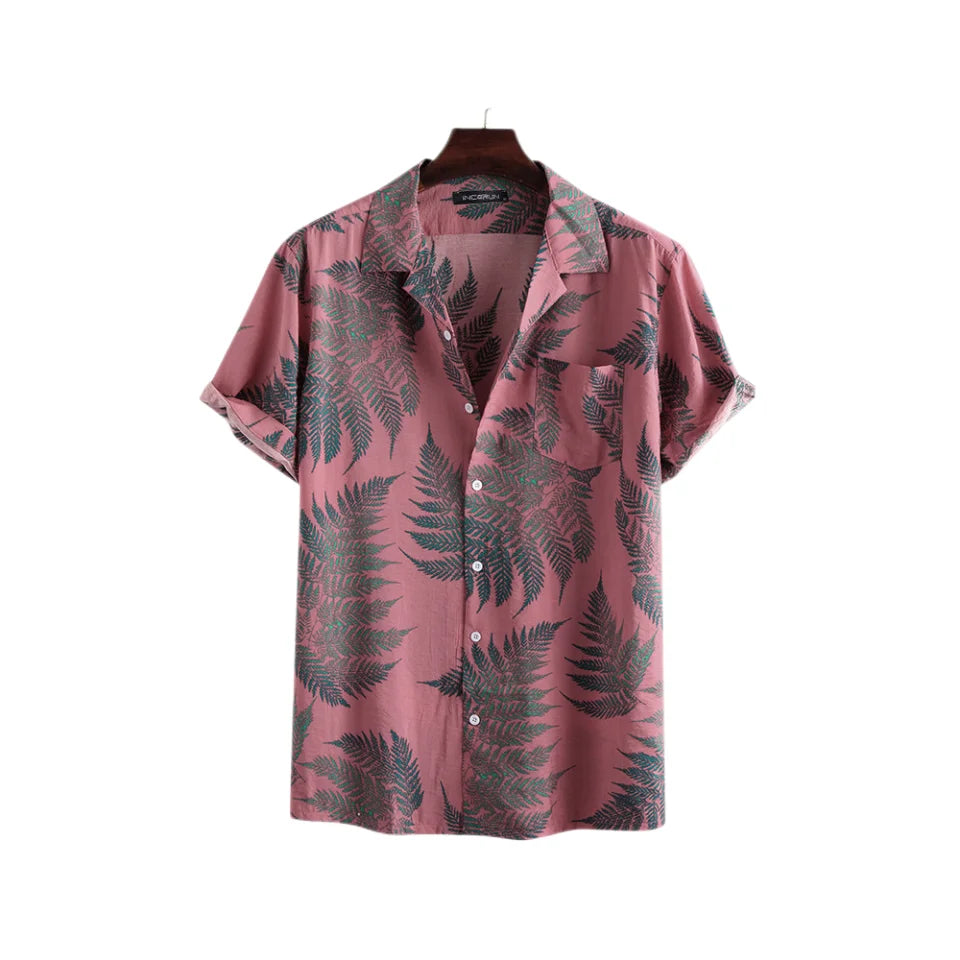 2023 New Hawaiian Red Leaf Tropical Shirts Floral Men Dazn Tops Summer Casual Short Sleeve Button Chemise Loose Vacation Beach