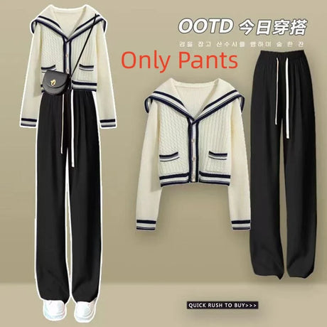 2024New Knit Spring Preppy Style Sailor Collar Women Knitted Cardigan Elastic Wide Leg Pant Long Sleeve Korean Outfit Tracksuit