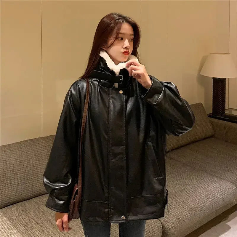 Retro Thick Warm Leather Coat Winter Woman Plush Loose Fur Integrated Lapel Long Sleeve Jacket Korean Female Streetwear Outwear