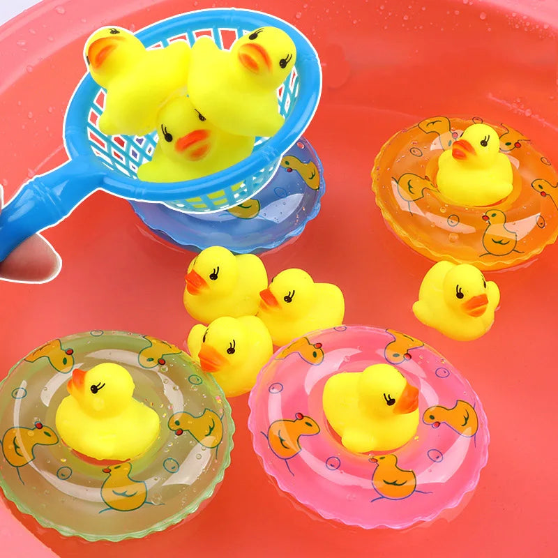 Kids Floating Bath Toys Mini Swimming Rings Rubber Yellow Ducks Fishing Net Washing Swimming Toddler Toys Water Fun