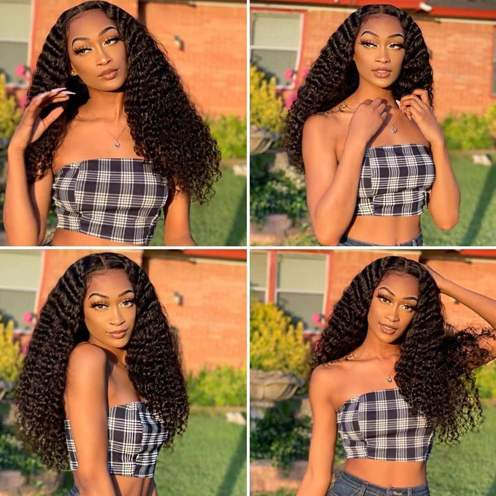 12A Brazilian Deep Wave Human Hair Weave Extensions 3/4 Bundles with 13X4 Lace Frontal Deep Wave Bundles With Lace Frontal