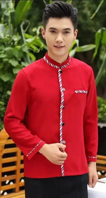 Long Sleeve Hotel Waiter Uniform Female Restaurant Top+apron Waitress Uniform Fast Food Service Work Wear Jacket for Man 89