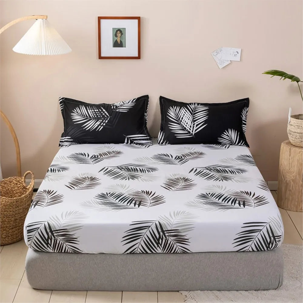 Mattress Cover With Elastic Band Soft Printed Solid Polyester Fitted Sheet NO Pillowcase Pad Protector Linen Double Queen Size