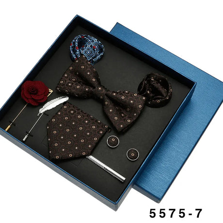 Black Mens Neck Tie Gift Set Bowtie Pocket Square With Brooches Cufflinks Tie Clip 8-pieces Suits Silk Tie Accessories For Men