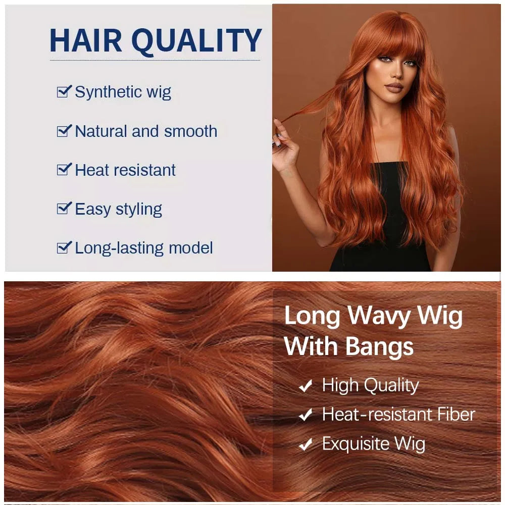 Copper Ginger Brown Wigs with Bangs Natural Synthetic Long Wavy Wigs for Black Women Afro Cosplay Daily Heat Resistant Hair Wig