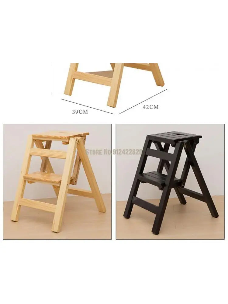 Solid Wood Household Multifunctional Folding Ladder Chair Indoor Climbing Ladder Dual-use Three-step Four-step Ladder Stool