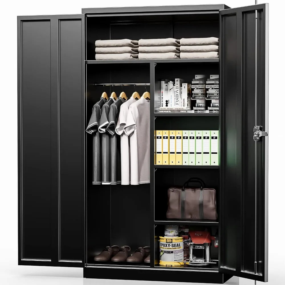 Wardrobe, metal storage cabinet, 72 "high storage wardrobe with lock and hanging rod, steel storage cabinet with 4 shelves