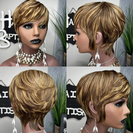 WIGERA  Highlight Synthetic Pixie Cut  Wigs  Short  Hairstyles Wigs Short Hair Blond  With Bangs For Women