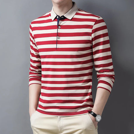 Top Quality Cotton Long Sleeved Polo Shirts Men Clothing Autumn 2023 New Fashion Striped Casual Business Male Tops