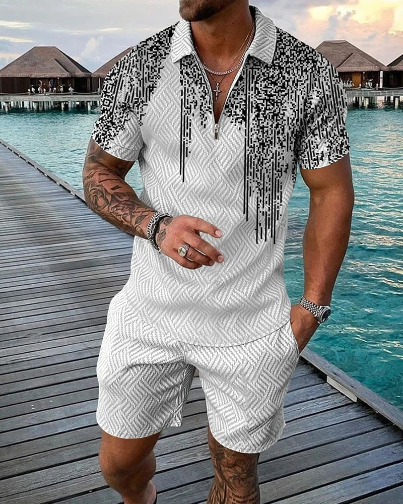 Boho Geometric Style 3D Print Men Polo shirts Set Zipper Lapel Polo Sets Zipper Collar+Shorts 2pcs Hawaii Holiday Man Clothes